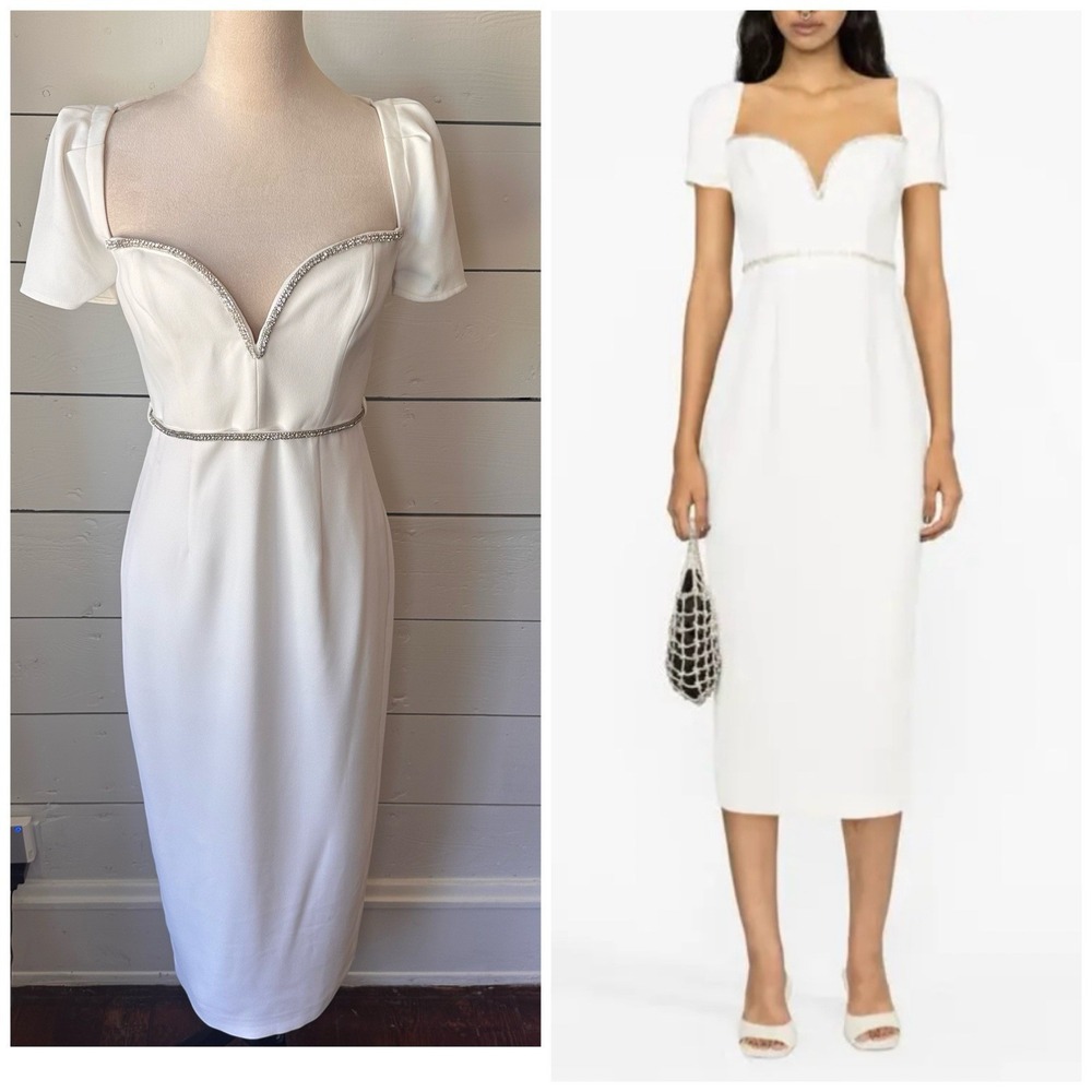 Self Portrait White Diamonte Midi Dress 6 Rehearsal Dinner Wedding Minimalist